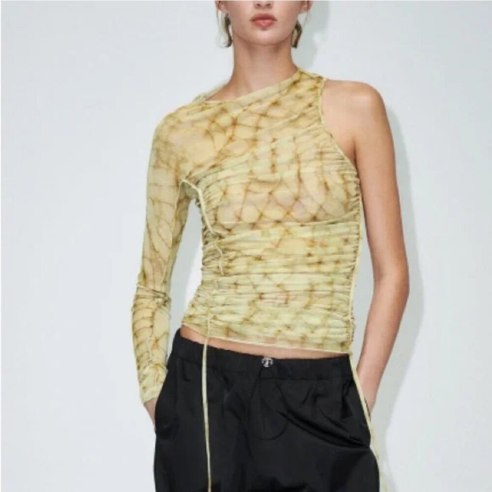 Zara Printed Tulle One Shoulder Asymmetrical Top